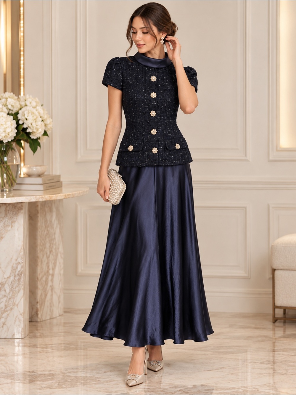 Self-Portrait Navy Embellished Top & Satin Midi Skirt Set